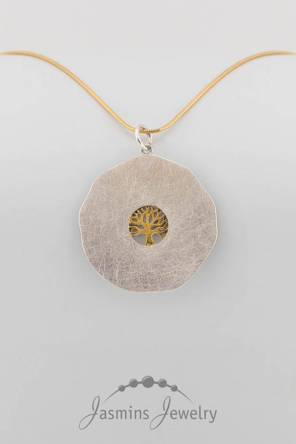 Runder, Floraler Lebensbaum Kettenanhänger aus 925-Sterling-Silber teilvergoldet